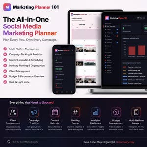 May include: A digital marketing planner displayed on a laptop, tablet, and smartphone. The screens show data visualizations and the text "Marketing Planner 101". Features include multi-platform management, campaign tracking, content calendar, and budget overview.