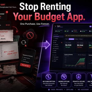 Op de afbeelding: Digitale advertentie voor een budgetteringsapp, met een laptop met financi&euml;le gegevens en een smartphone. De tekst benadrukt functies zoals eenmalige aankoop, offline gebruik en gegevensprivacy. De app-interface is donker met kleurrijke grafieken.