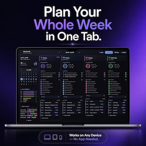 May include: A laptop displaying a dark-themed digital weekly planner interface with the text Plan Your Whole Week in One Tab at the top and Works on Any Device - No App Needed at the bottom, featuring columns for daily tasks, priorities, and schedules.