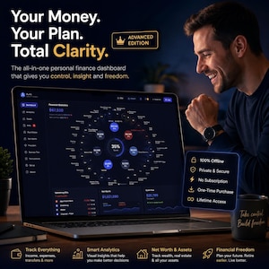 May include: A laptop displaying a personal finance dashboard with a dark interface, featuring a central circular data visualisation, financial statistics, and upcoming bills. Text on screen includes "Your Money. Your Plan. Total Clarity." and "ADVANCED EDITION" with a crown icon.