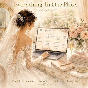 Op de afbeelding: Een aquarel illustratie van een bruid die een laptop gebruikt met software voor het plannen van een bruiloft. Het scherm toont een countdown en het aantal gasten. De tekst "Everything. In One Place." is zichtbaar.