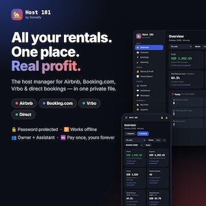 May include: Host 101 software interface displayed on desktop and mobile screens. The dark-themed dashboard shows rental analytics, including profit, payout, and occupancy rates for Airbnb, Booking.com, Vrbo, and direct bookings in one file.