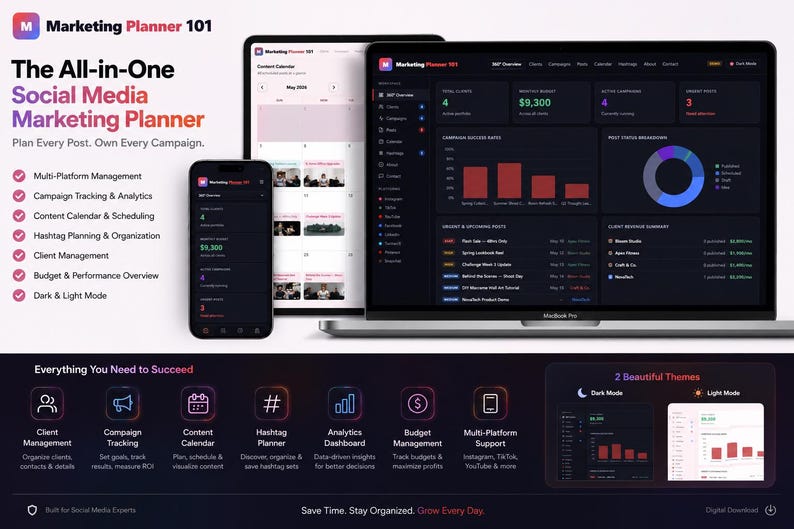 May include: A digital marketing planner displayed on a laptop, tablet, and smartphone. The screens show data visualizations and the text "Marketing Planner 101". Features include multi-platform management, campaign tracking, content calendar, and budget overview.