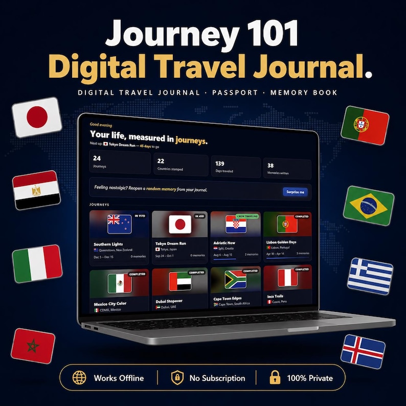 May include: A laptop displaying the Journey 101 Digital Travel Journal interface, featuring travel statistics, journey cards with country flags, and a dark blue background. Various international flags surround the laptop, with text indicating offline functionality, no subscription, and privacy.