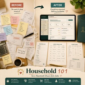May include: A comparison graphic titled Household 101 showing a cluttered desk with scattered sticky notes and bills on the left labeled Before, and a digital tablet displaying an organized dashboard with printed planning sheets on the right labeled After.
