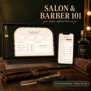May include: A laptop and smartphone displaying the Salon & Barber 101 software interface, a brown leather tool roll, a straight razor, a 250ml bottle of hair tonic, and a folded brown towel. Text includes Salon & Barber 101, Behind the Chair.