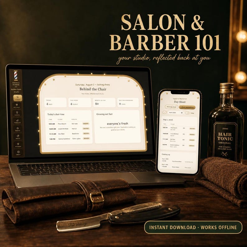 May include: A laptop and smartphone displaying the Salon & Barber 101 software interface, a brown leather tool roll, a straight razor, a 250ml bottle of hair tonic, and a folded brown towel. Text includes Salon & Barber 101, Behind the Chair.