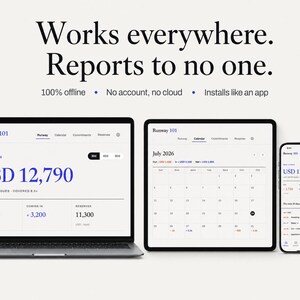 May include: A laptop, tablet, and smartphone displaying the Runway 101 financial software interface. The screen text reads: Works everywhere. Reports to no one. 100% offline. No account, no cloud. Installs like an app. The dashboard shows financial data.