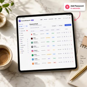 Pode incluir: Um tablet exibindo a interface do Password Manager 101 com uma lista de credenciais, incluindo nomes de sites, senhas ocultas, categorias e indicadores de for&ccedil;a. Uma caixa no canto superior direito diz Add Password in seconds.