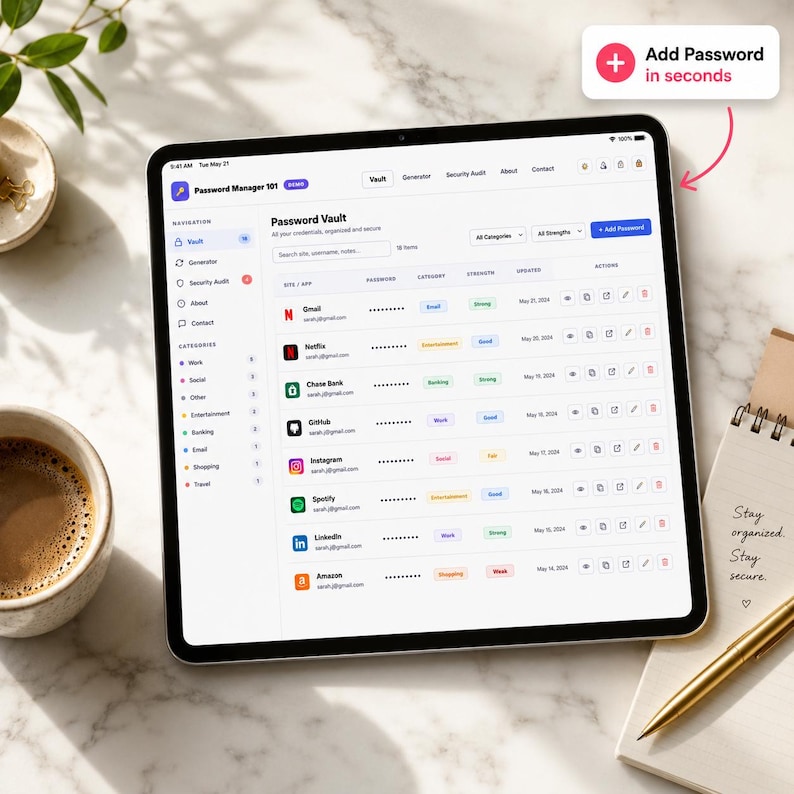 Pode incluir: Um tablet exibindo a interface do Password Manager 101 com uma lista de credenciais, incluindo nomes de sites, senhas ocultas, categorias e indicadores de for&ccedil;a. Uma caixa no canto superior direito diz Add Password in seconds.