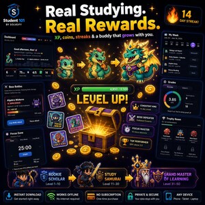 May include: A digital interface for Student 101 by Solveify featuring a dragon character evolution, a level up notification with a treasure chest, and various dashboard panels displaying study streaks, grades, boss battles, and achievement badges.