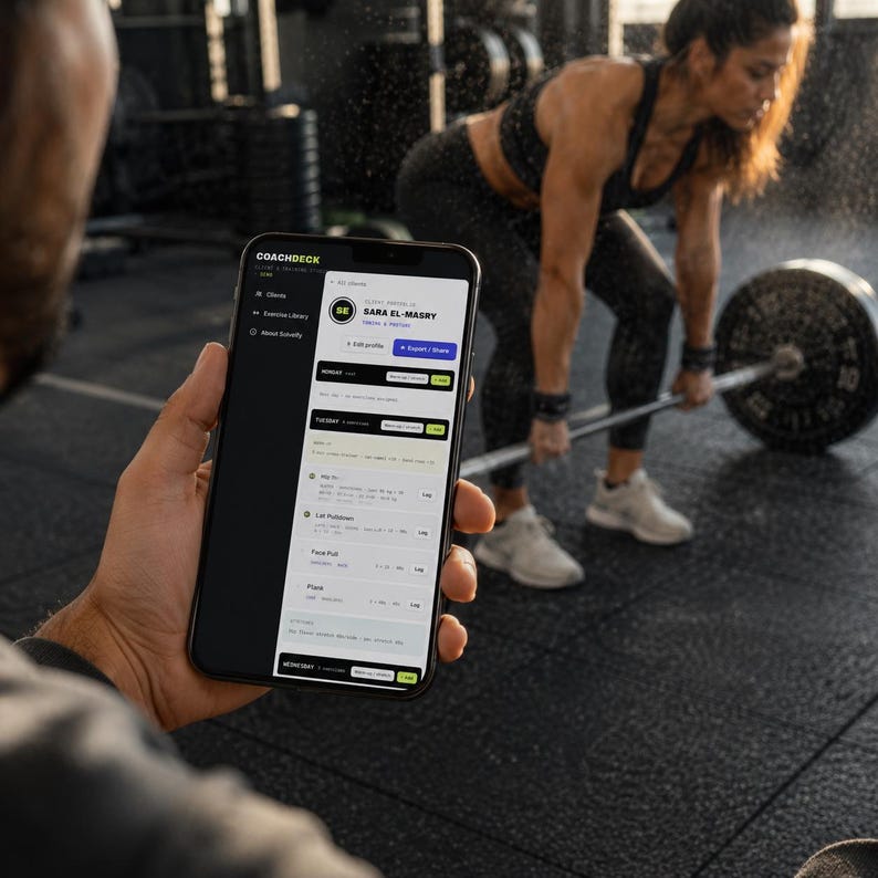 以下が含まれることがあります： CoachDeckアプリのインターフェースを表示したスマートフォン。サラ・エル・マスリーのクライアントプロフィールと、ラットプルダウンやフェイスプルなどのエクササイズを含むワークアウトスケジュールが表示されており、ジムの環境を背景にしています。