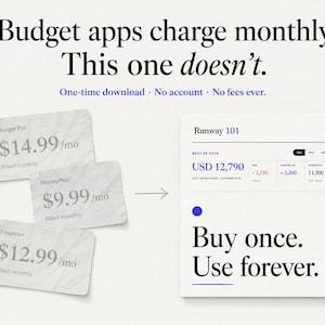 May include: A digital graphic comparing subscription-based budget apps to a one-time purchase app. Text reads: Budget apps charge monthly. This one doesn't. One-time download. No account. No fees ever. Runway 101. Buy once. Use forever.