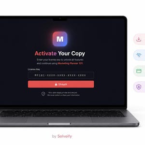 May include: A laptop screen displays a software activation interface. The screen shows the text "Activate Your Copy" and prompts for a license key. Additional text indicates the software is for Marketing Planner 101. Features include instant download, 100% offline use, no subscription, and private & secure.
