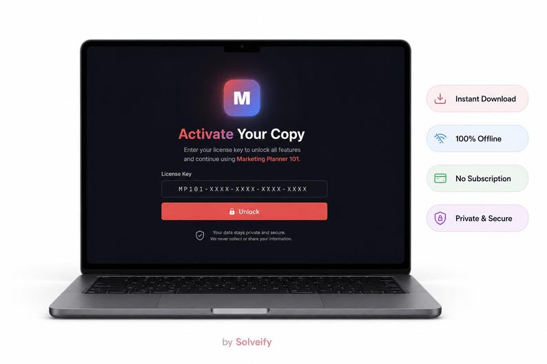 May include: A laptop screen displays a software activation interface. The screen shows the text "Activate Your Copy" and prompts for a license key. Additional text indicates the software is for Marketing Planner 101. Features include instant download, 100% offline use, no subscription, and private & secure.