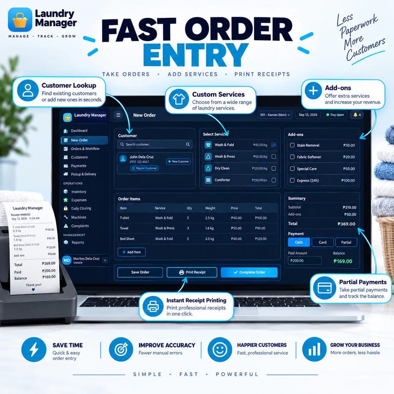 May include: A laptop screen displaying the Laundry Manager software interface for fast order entry, featuring sections for customer lookup, custom services, add-ons, and order summaries. A thermal receipt printer sits to the left with a printed receipt.