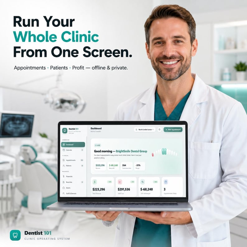 May include: A laptop displaying the Dentist 101 dashboard software, featuring financial metrics and appointment data. The screen shows text reading Run Your Whole Clinic From One Screen. Appointments, Patients, Profit &mdash; offline & private.