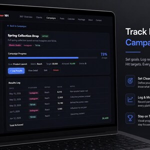 May include: A laptop screen displays a marketing planner interface with campaign progress and results logs. The interface is dark with blue accents, showing data for Instagram, TikTok, and other platforms. Text on the right says "Track Every Campaign Goal."