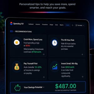 May include: A tablet screen displaying a dark-themed financial dashboard titled Build Better Financial Habits. The interface shows Spending 101, recommendations for saving money, and a Your Savings Potential section totalling $487.00 monthly.