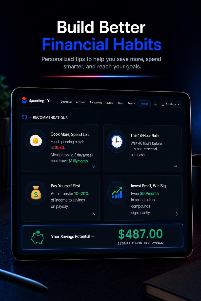 May include: A tablet screen displaying a dark-themed financial dashboard titled Build Better Financial Habits. The interface shows Spending 101, recommendations for saving money, and a Your Savings Potential section totalling $487.00 monthly.