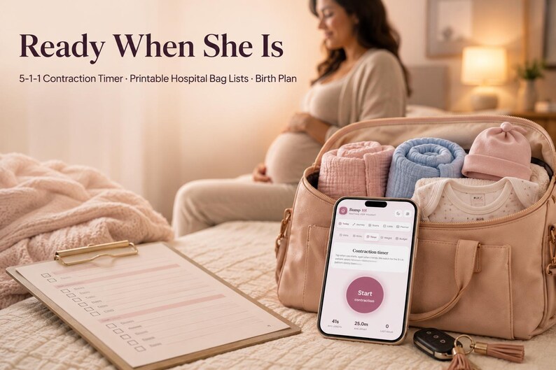 May include: A beige hospital bag containing rolled pink and blue blankets, a pink baby hat, and a white onesie. A smartphone displays a contraction timer app, and a clipboard with a printed checklist sits nearby. Text reads Ready When She Is.