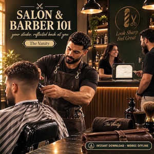 May include: A digital advertisement for Salon & Barber 101 featuring a barber in a brown leather apron cutting hair. The text reads Salon & Barber 101, your studio, reflected back at you, The Vanity, Look Sharp Feel Great, and Instant Download Works Offline.