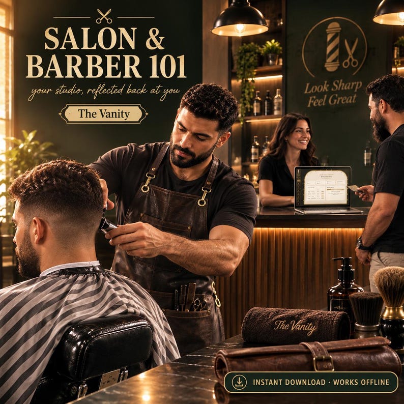 May include: A digital advertisement for Salon & Barber 101 featuring a barber in a brown leather apron cutting hair. The text reads Salon & Barber 101, your studio, reflected back at you, The Vanity, Look Sharp Feel Great, and Instant Download Works Offline.
