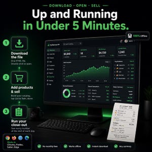 Puede incluir: Un monitor de computadora muestra un panel de control empresarial oscuro con detalles en verde, que presenta datos de ventas, transacciones e ingresos. Junto al teclado hay un recibo impreso. El texto incluye 'Up and Running in Under 5 Minutes'.