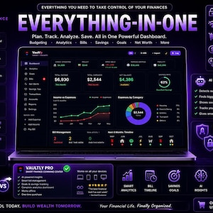 Op de afbeelding: Een laptopscherm toont een financieel dashboard met grafieken en gegevens. De interface is donker met paarse accenten en toont budgettering, analyse en spaar tools. Tekst luidt "Everything-in-One" en "Smart Finance."
