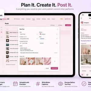 May include: A digital marketing interface is displayed on a tablet and smartphone. The tablet shows a post creation screen with options for scheduling and adding images. The phone displays a post preview with images and caption.