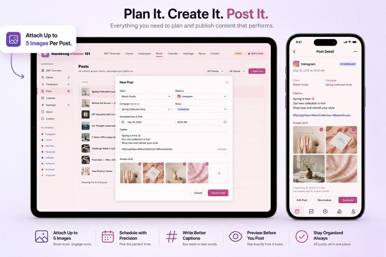 May include: A digital marketing interface is displayed on a tablet and smartphone. The tablet shows a post creation screen with options for scheduling and adding images. The phone displays a post preview with images and caption.