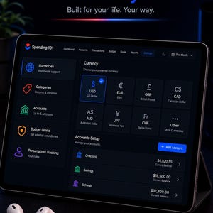 May include: A tablet displaying a dark-themed financial management interface titled Spending 101. The screen shows currency selection options including USD, EUR, GBP, CAD, AUD, JPY, and CHF, alongside an accounts setup section with checking, savings, and Schwab accounts.