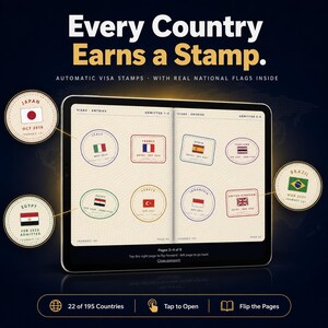 May include: A digital tablet displaying an open passport with various international visa stamps featuring national flags. Text includes Every Country Earns a Stamp, Automatic Visa Stamps with Real National Flags Inside, and navigation prompts like Tap to Open.