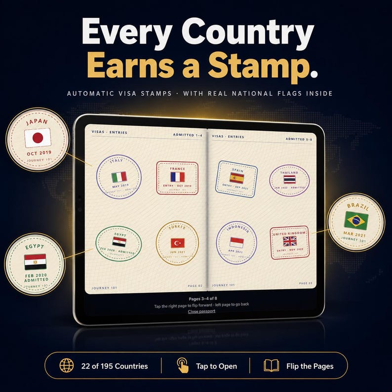 May include: A digital tablet displaying an open passport with various international visa stamps featuring national flags. Text includes Every Country Earns a Stamp, Automatic Visa Stamps with Real National Flags Inside, and navigation prompts like Tap to Open.