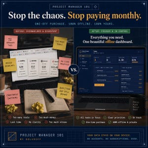 May include: A comparison graphic titled Project Manager 101 showing a cluttered laptop screen with sticky notes labeled Missed Deadlines and Too Many Tools versus a clean, dark-themed offline dashboard on a laptop with the text Focus Plan Build Ship.