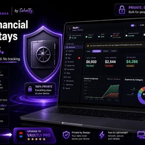 Op de afbeelding: Een laptop toont de Vaultly Smart Finance-interface, met financi&euml;le gegevens in een donker thema. De tekst benadrukt gegevensprivacy en -beveiliging. Een schildafbeelding en slotpictogrammen versterken het beveiligingsthema. De interface toont inkomsten, uitgaven en besparingen.