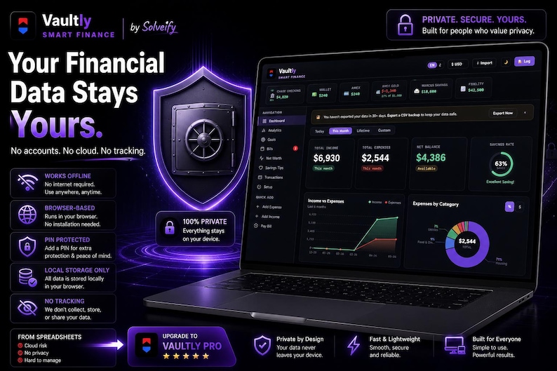 Op de afbeelding: Een laptop toont de Vaultly Smart Finance-interface, met financi&euml;le gegevens in een donker thema. De tekst benadrukt gegevensprivacy en -beveiliging. Een schildafbeelding en slotpictogrammen versterken het beveiligingsthema. De interface toont inkomsten, uitgaven en besparingen.