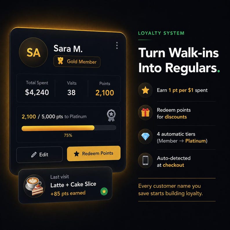 Puede incluir: Una interfaz de sistema de fidelizaci&oacute;n digital con el perfil de usuario de Sara M., nivel Gold, con $4,240 gastados, 38 visitas y 2,100 puntos. La pantalla incluye una barra de progreso, un bot&oacute;n para canjear puntos y un resumen de la &uacute;ltima visita.