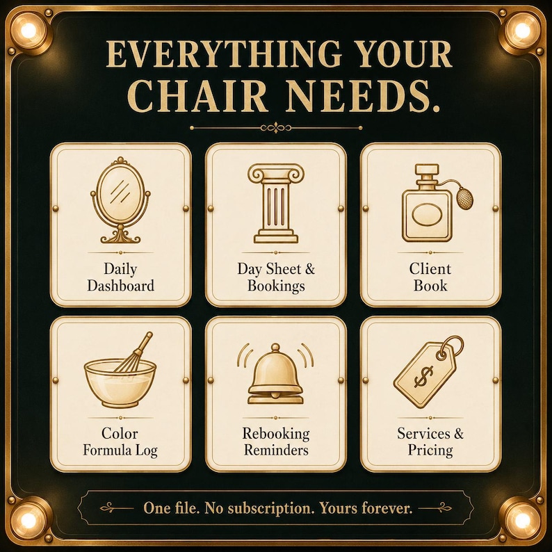 May include: A dark sign with gold trim and corner lights featuring the text EVERYTHING YOUR CHAIR NEEDS. Six cream-colored squares display icons and text: Daily Dashboard, Day Sheet & Bookings, Client Book, Color Formula Log, Rebooking Reminders, and Services & Pricing. Bottom text reads: One file. No subscription. Yours forever.