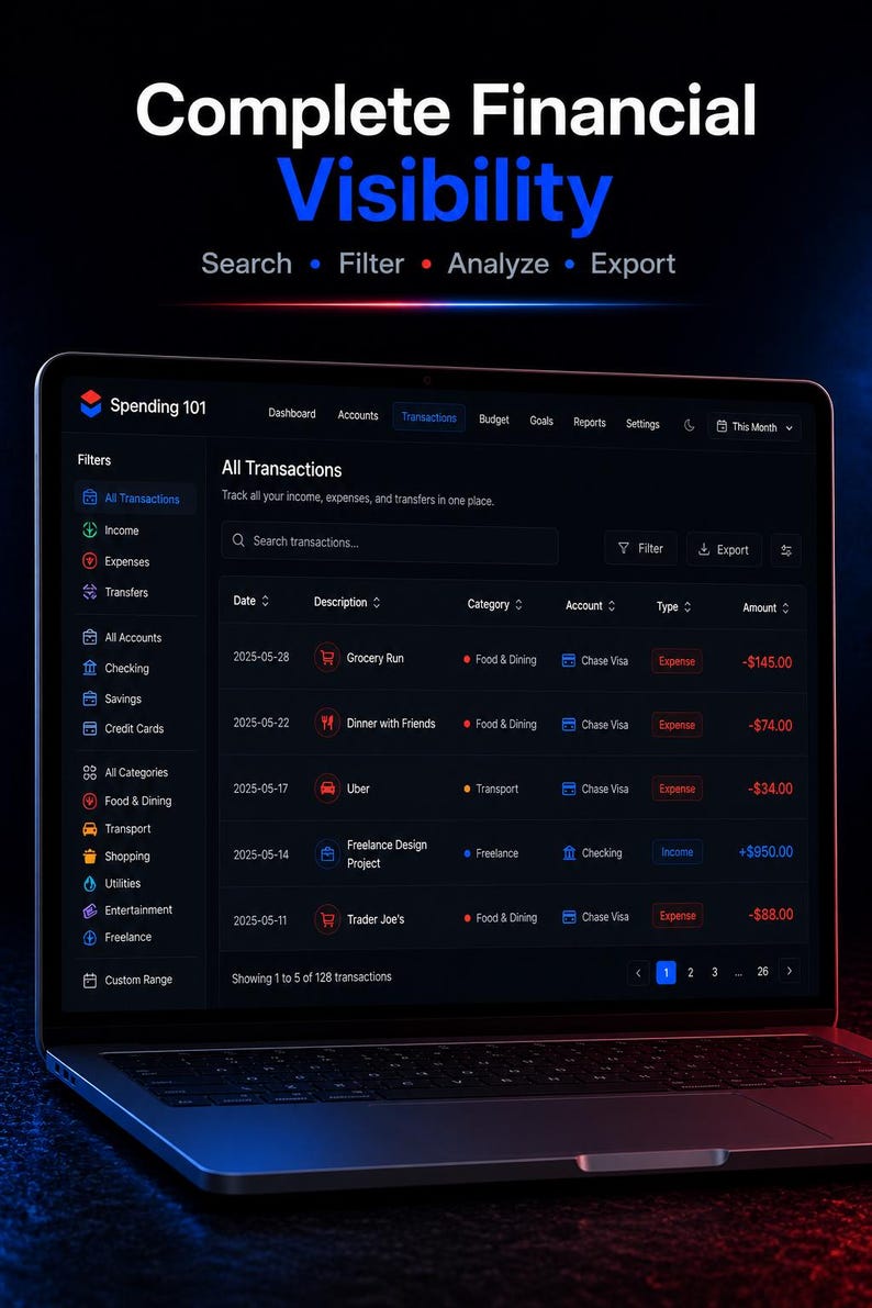 May include: A laptop screen displaying the Spending 101 financial dashboard with the text Complete Financial Visibility, Search, Filter, Analyse, Export. The interface shows a dark mode table of transactions with columns for date, description, category, account, type, and amount.