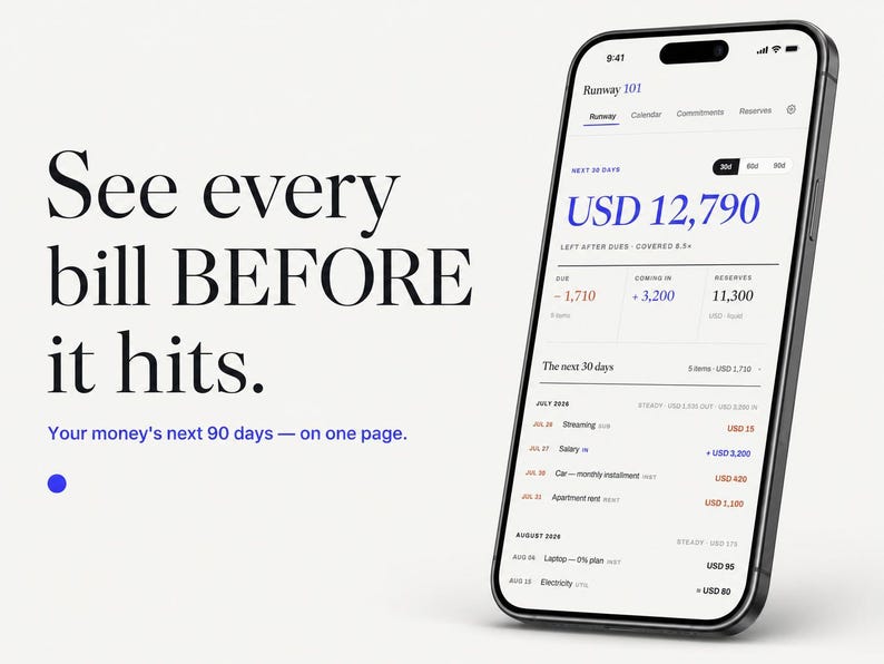 May include: A smartphone displaying the Runway 101 financial app interface with a dashboard showing USD 12,790, alongside text that reads: See every bill BEFORE it hits. Your money's next 90 days &mdash; on one page. The screen lists various expenses.