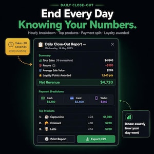 Puede incluir: Una interfaz digital de informe de cierre diario sobre un fondo oscuro. El informe muestra datos del mi&eacute;rcoles 14 de mayo de 2025, incluyendo ventas totales de $4,840, devoluciones, valor promedio de venta e ingresos netos de $4,720.
