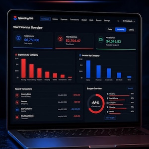 May include: A laptop screen displaying a dark-themed financial dashboard titled Spending 101. The interface shows total income of $6,750.00, total expenses of $2,704.47, and a net balance of $4,045.53, alongside bar charts, transaction lists, and a budget ring.
