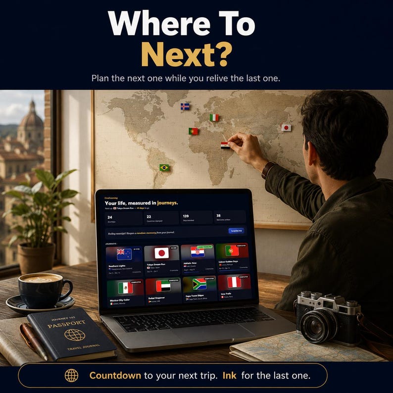 May include: A laptop displaying a travel planning interface with the text 'Your life, measured in journeys.' A world map with flag pins hangs on the wall. A passport journal, a coffee cup, and a camera sit on the wooden desk surface.