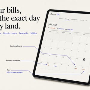 May include: A tablet screen displaying a July 2026 calendar interface with the text 'Your bills, on the exact day they land.' and labels for 'Car installment', 'Insurance renewal', and 'Rent (+5% increase applied)' pointing to specific dates.