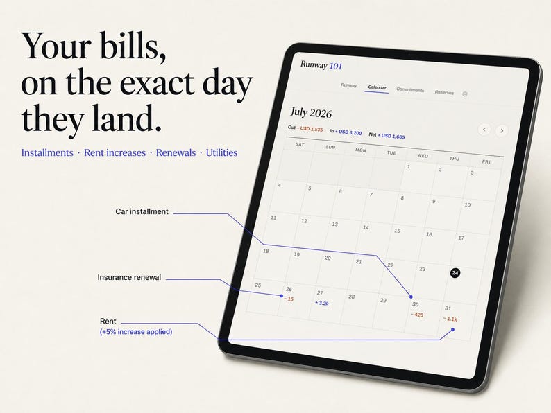 May include: A tablet screen displaying a July 2026 calendar interface with the text 'Your bills, on the exact day they land.' and labels for 'Car installment', 'Insurance renewal', and 'Rent (+5% increase applied)' pointing to specific dates.