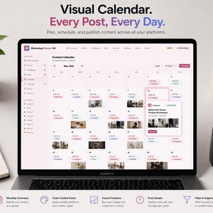May include: A laptop displays a digital calendar interface with the text "Visual Calendar. Every Post, Every Day." The screen shows a content calendar with color-coded posts and visual previews. A notebook, pen, and pencils are on the desk.