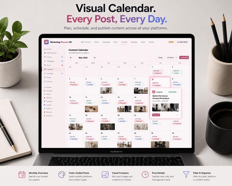 May include: A laptop displays a digital calendar interface with the text "Visual Calendar. Every Post, Every Day." The screen shows a content calendar with color-coded posts and visual previews. A notebook, pen, and pencils are on the desk.
