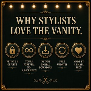 May include: A black rectangular sign with a gold border and seven light bulbs at the top. The text reads WHY STYLISTS LOVE THE VANITY. Below are five gold circular icons with symbols for a lock, infinity, download, refresh, and heart, with text.