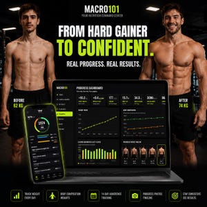 Puede incluir: Una interfaz de software de seguimiento de fitness llamada Macro101 mostrada en la pantalla de un portátil y un teléfono inteligente. El panel muestra métricas de progreso, tendencias de peso, composición corporal y seguimiento de calorías.